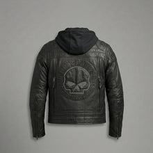 Laden Sie das Bild in den Galerie-Viewer, Herren Hybrid Leder Hoodie Jacke – Harley-Style Kapuzen-Motorradbomber
