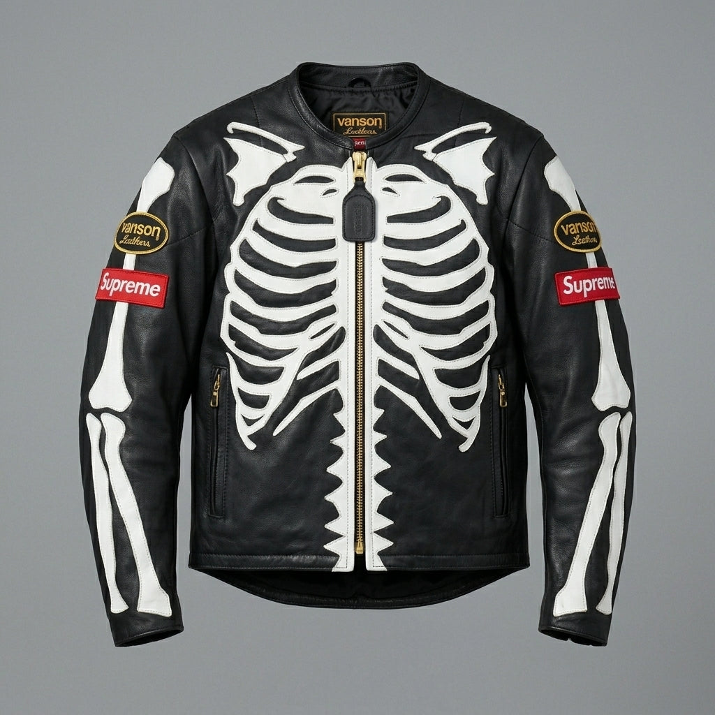 Herren Skelett Knochen Lederjacke – Echtes Leder Streetwear Biker Stil