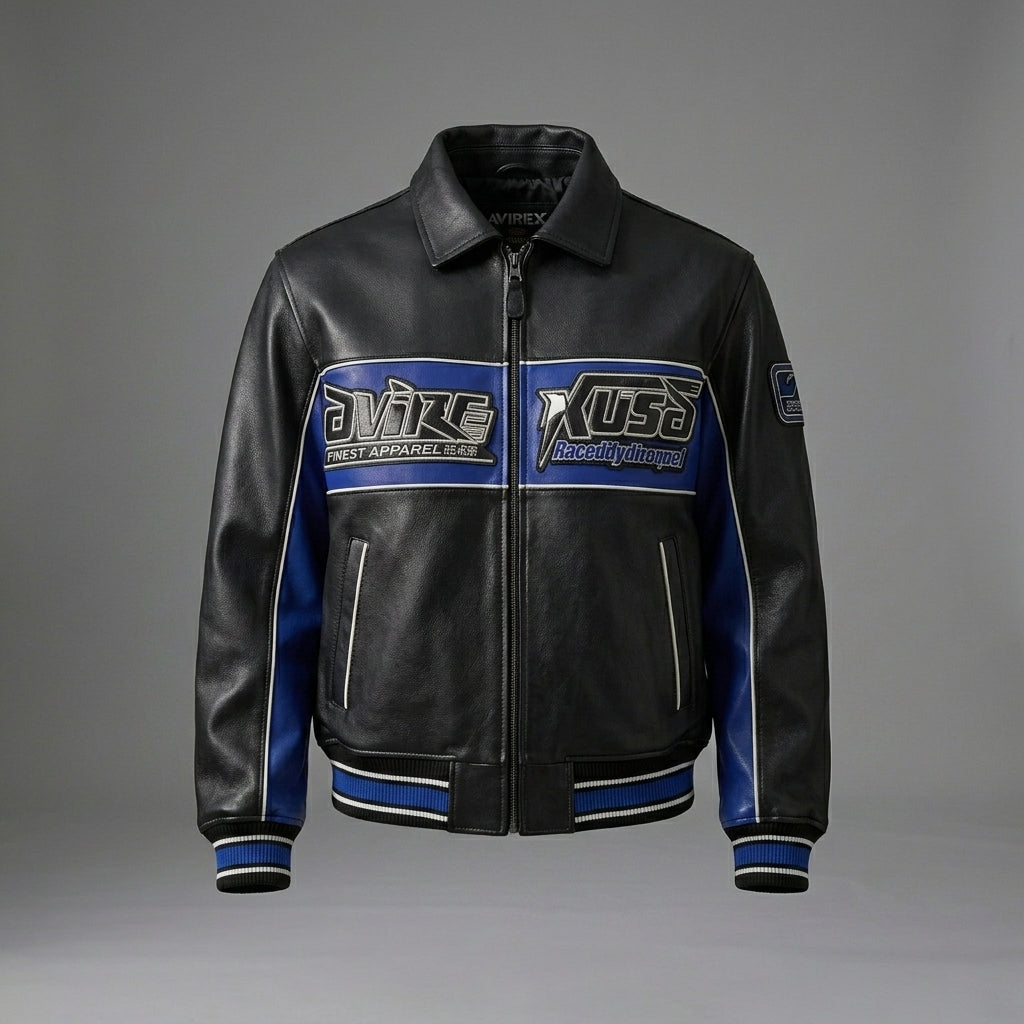 Herren Varsity-Jacke aus schwarzem und blauem Leder – Premium Urban Bomber Stil