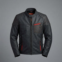 Load image into Gallery viewer, Men’s Matte Black Leather Biker Jacket – Red Stitch Harley Moto Style
