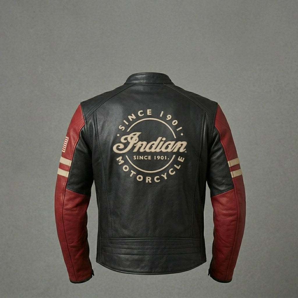 Herren Vintage Leder-Motorradjacke im Indian-Stil – Rot & Schwarz Moto Style