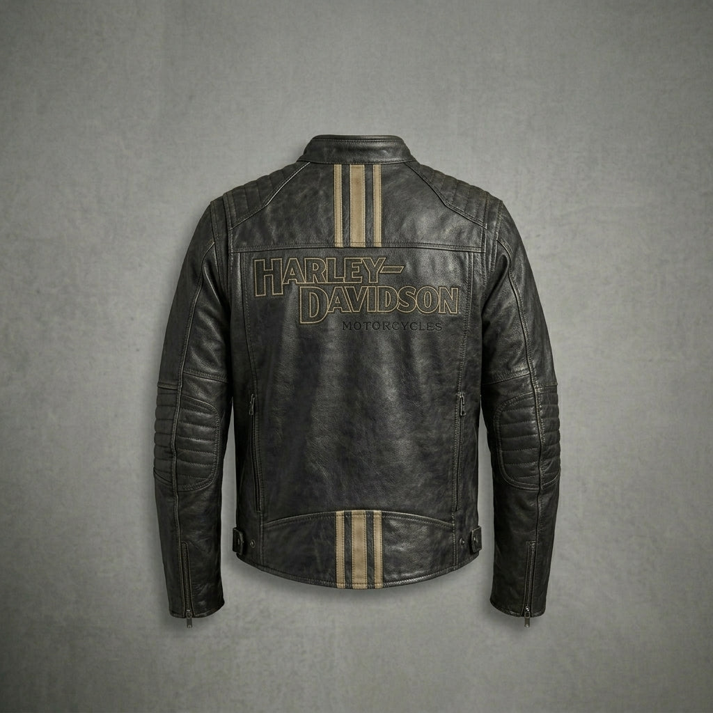 Leder-Bikerjacke für Herren im Harley-Stil – besticktes Stern- & Schriftzugdesign
