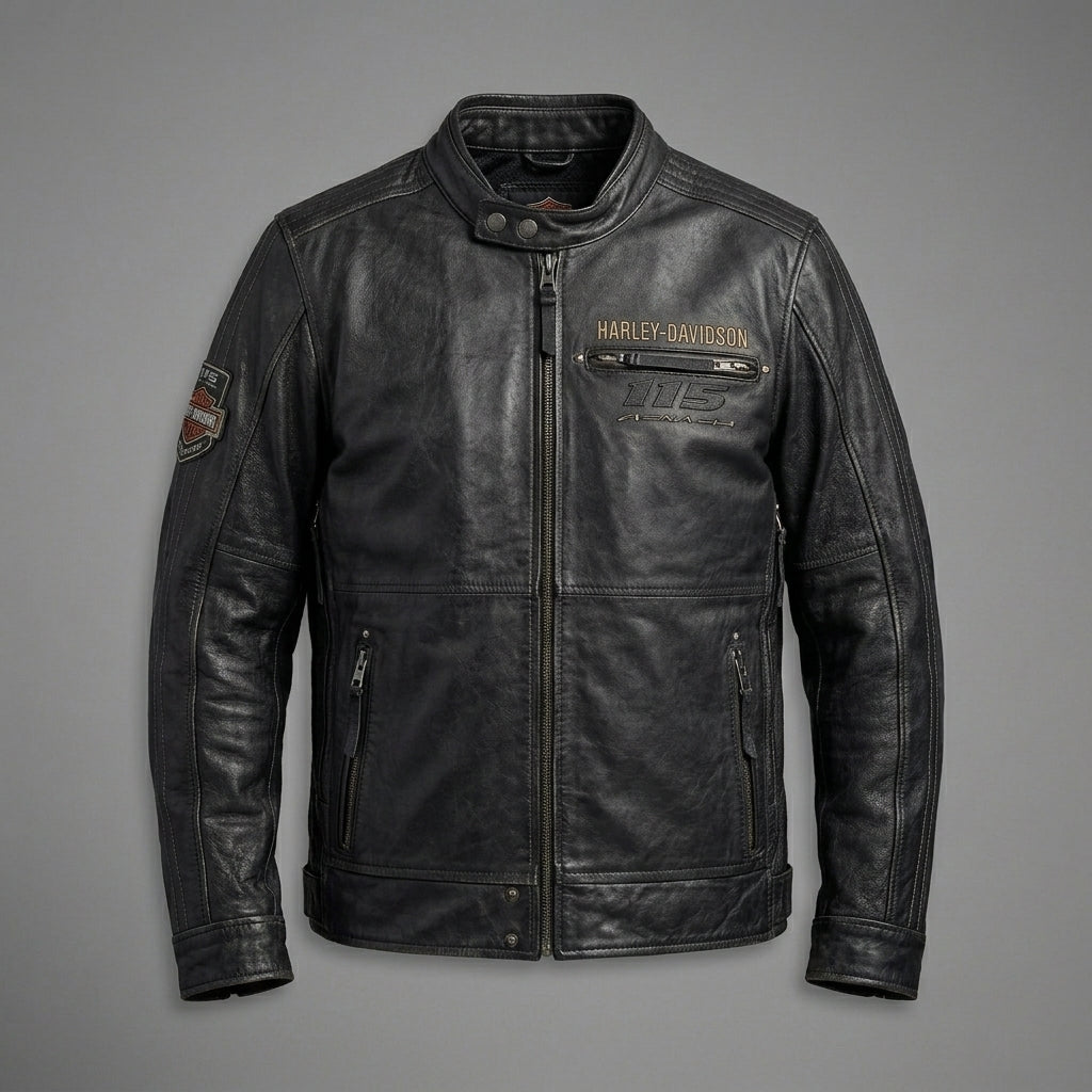 Vintage Harley-Stil Leder-Motorradjacke für Herren – Jubiläumsgrafik-Edition