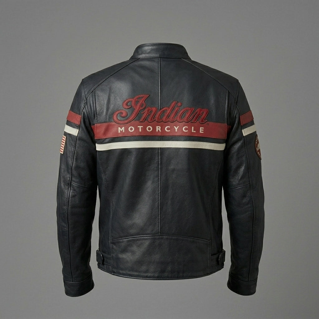 Herren Indian Motorcycle Style Vintage Bikerjacke aus Leder – Besticktes Skript-Logo
