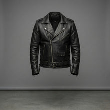 Load image into Gallery viewer, Men’s Rock Fan Leather Moto Jacket – Winged Embroidered Patch Biker Style
