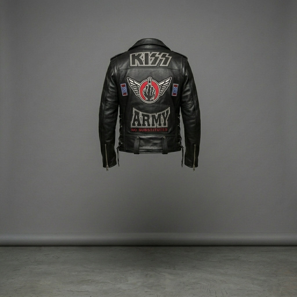 Herren Rock Fan Leder Motorradjacke – Geflügelter Bestickter Patch Biker Stil
