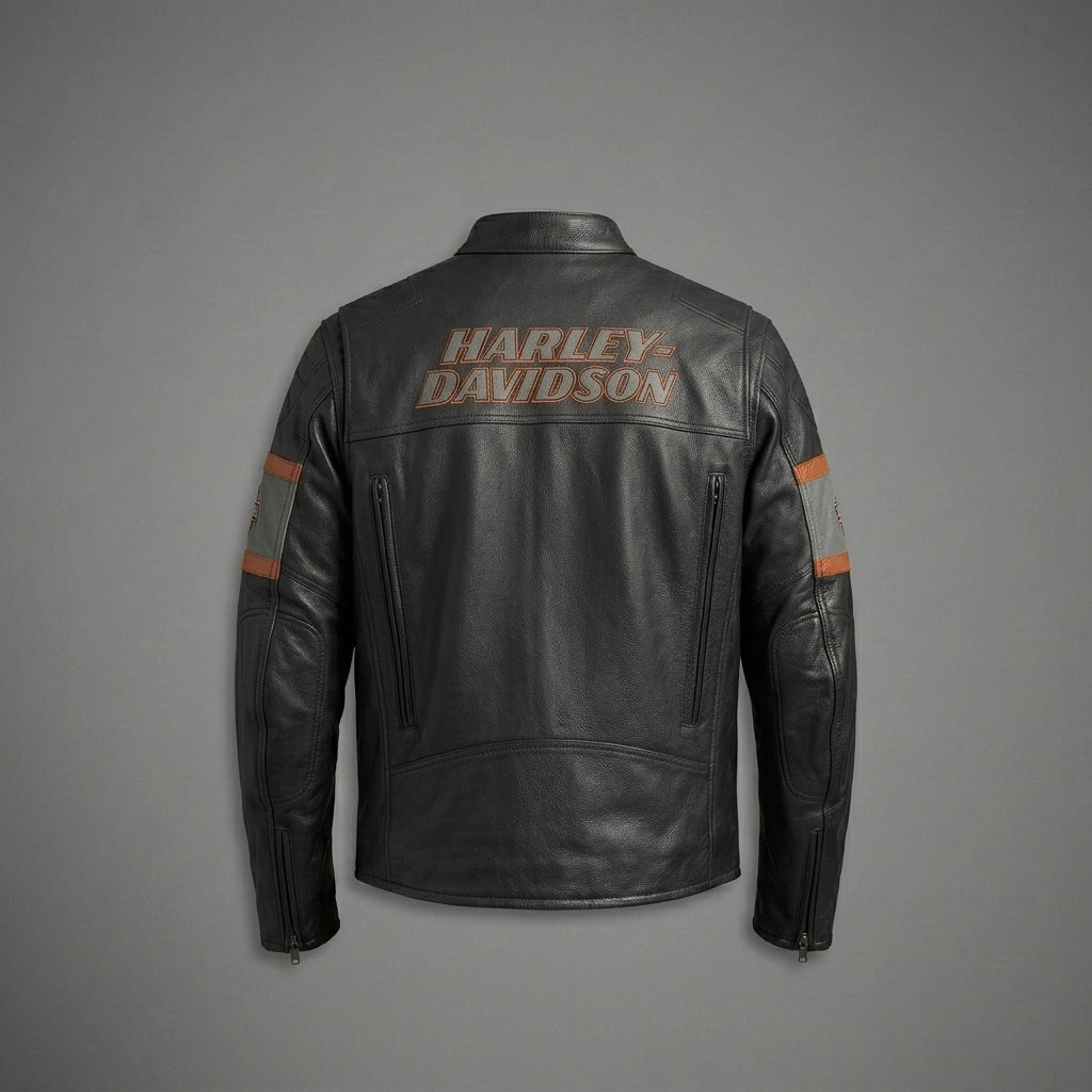 Herren Harley-Davidson Style Motorradjacke aus schwarzem Leder – Orange Script Edition