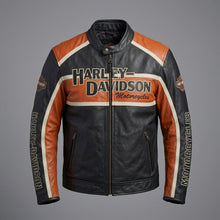 Load image into Gallery viewer, Men’s Harley-Style Leather Racing Jacket – Iconic Orange &amp; Black Tricolor Moto
