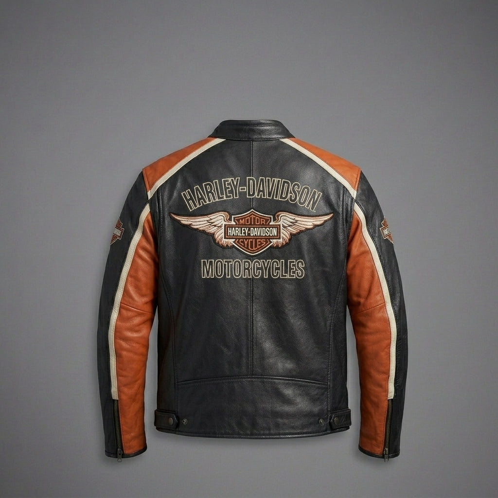 Herren Harley-Stil Leder-Racing-Jacke – Ikonische orange-schwarze Trikolor-Moto