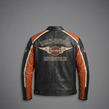 Load image into Gallery viewer, Men’s Harley-Style Leather Racing Jacket – Iconic Orange &amp; Black Tricolor Moto

