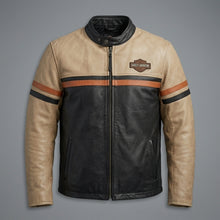 Laden Sie das Bild in den Galerie-Viewer, Harley-Style Motorrad-Lederjacke für Herren – Heritage Edition Cremefarben &amp; Schwarz
