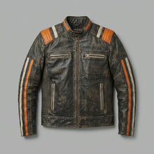 Load image into Gallery viewer, Men’s Retro Stripe Leather Riding Jacket – Limited Edition Moto Style
