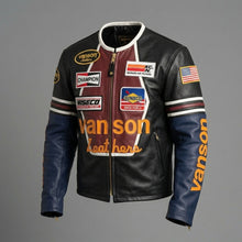Load image into Gallery viewer, Men’s Professional Racing Leather Jacket – Multi-Patch Moto Style
