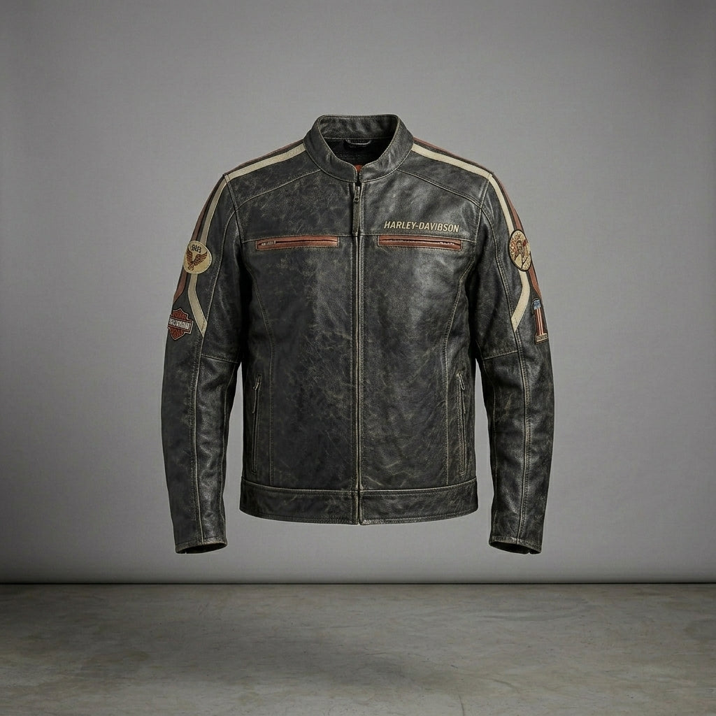 Herren Harley-Style Bikerjacke aus Distressed-Leder – Vintage Anthrazit Moto