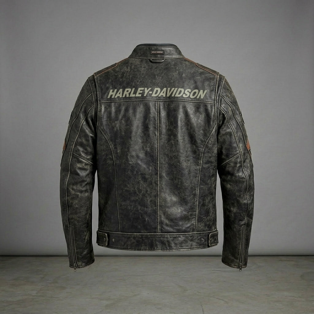 Herren Harley-Style Bikerjacke aus Distressed-Leder – Vintage Anthrazit Moto