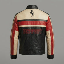 Load image into Gallery viewer, Men’s Black Leather Moto Jacket – Orange &amp; Grey Accent Racing Style
