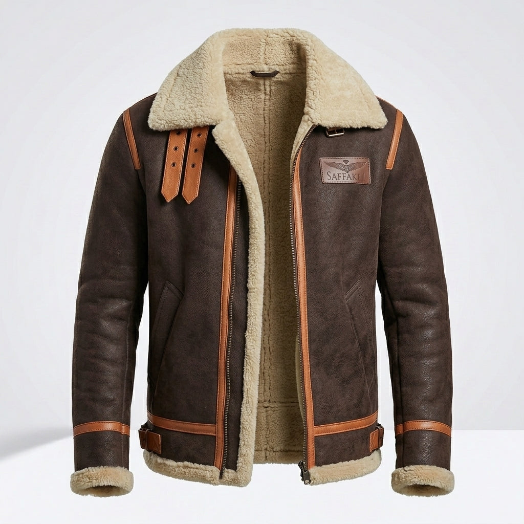 Men’s Brown B-3 Aviator Sheepskin Shearling Bomber Jacket – Premium Flight Coat