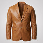Men’s Tan Lambskin Leather Blazer – Classic Two-Button Tailored Sport Coat