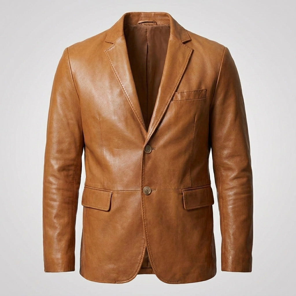 Men’s Tan Lambskin Leather Blazer – Classic Two-Button Tailored Sport Coat