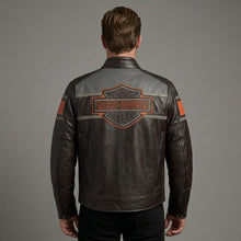 Load image into Gallery viewer, Heritage Racing Brown Leather Biker Jacket – Classic Harley Moto Style
