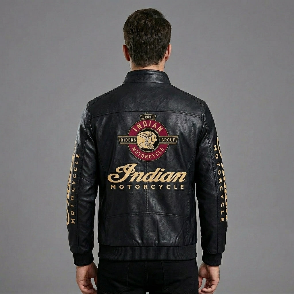 Herren Leder Racing Jacke im Indianer-Stil – Premium Schwarze Moto Bomberjacke