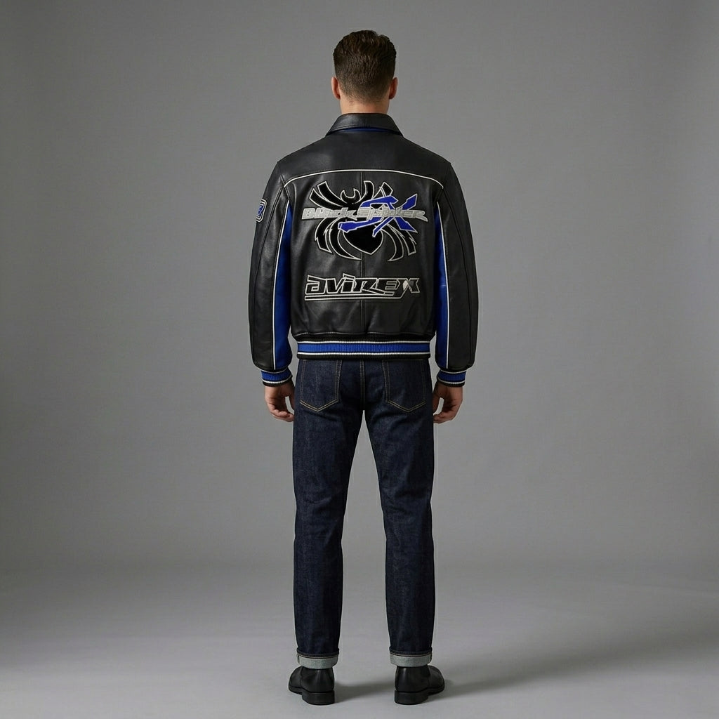 Herren Varsity-Jacke aus schwarzem und blauem Leder – Premium Urban Bomber Stil