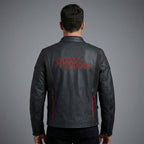 Herren Bikerjacke aus mattem schwarzem Leder – Rote Naht im Harley-Stil