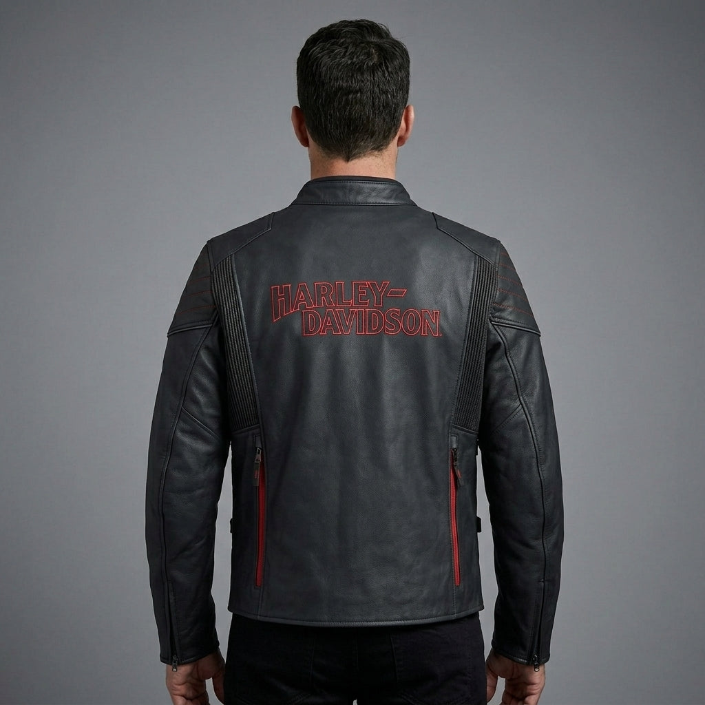 Herren Bikerjacke aus mattem schwarzem Leder – Rote Naht im Harley-Stil