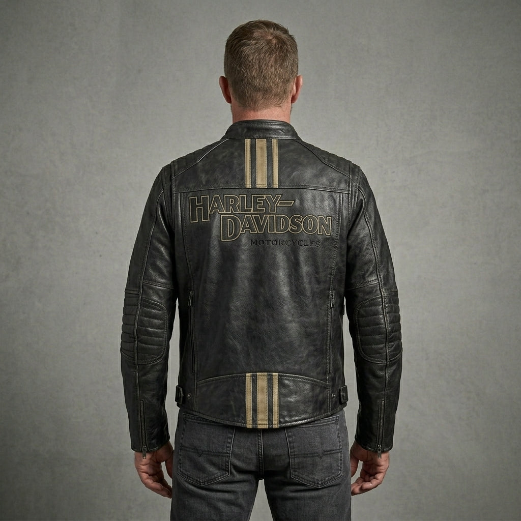 Leder-Bikerjacke für Herren im Harley-Stil – besticktes Stern- & Schriftzugdesign