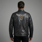 Men’s Vintage Harley-Style Leather Moto Jacket – Anniversary Graphic Edition