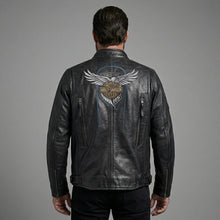 Load image into Gallery viewer, Men’s Vintage Harley-Style Leather Moto Jacket – Anniversary Graphic Edition
