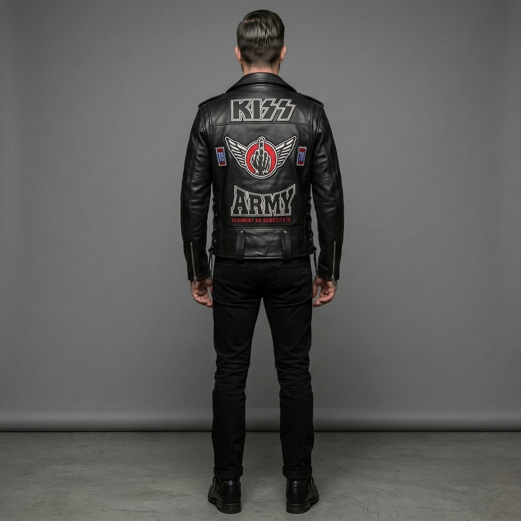 Herren Rock Fan Leder Motorradjacke – Geflügelter Bestickter Patch Biker Stil