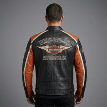 Load image into Gallery viewer, Men’s Harley-Style Leather Racing Jacket – Iconic Orange &amp; Black Tricolor Moto
