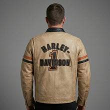 Laden Sie das Bild in den Galerie-Viewer, Harley-Style Motorrad-Lederjacke für Herren – Heritage Edition Cremefarben &amp; Schwarz
