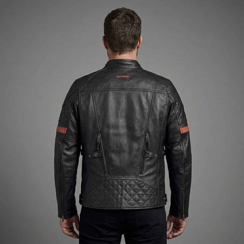 Herren Motorradjacke aus schwarzem Leder im Harley-Stil – Steppdetail an den Schultern