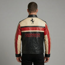Load image into Gallery viewer, Men’s Black Leather Moto Jacket – Orange &amp; Grey Accent Racing Style
