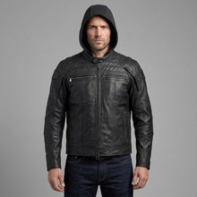 Laden Sie das Bild in den Galerie-Viewer, Herren Hybrid Leder Hoodie Jacke – Harley-Style Kapuzen-Motorradbomber
