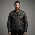 Men’s Distressed Leather Biker Jacket – Harely Davidson Vintage Racing Moto Style
