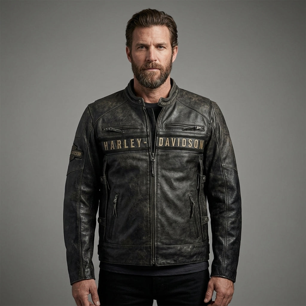 Men’s Distressed Leather Biker Jacket – Harely Davidson Vintage Racing Moto Style