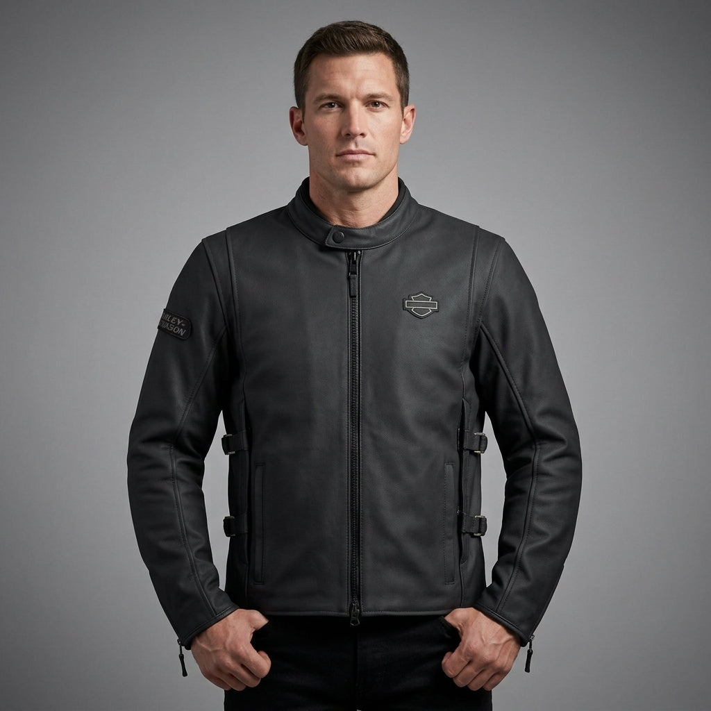 Herren-Bikerjacke aus mattem schwarzem Leder – verstellbare Schnalle im Moto-Stil