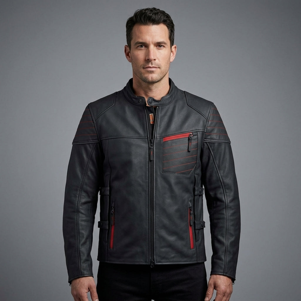 Herren Bikerjacke aus mattem schwarzem Leder – Rote Naht im Harley-Stil