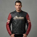 Herren Vintage Leder-Motorradjacke im Indian-Stil – Rot & Schwarz Moto Style