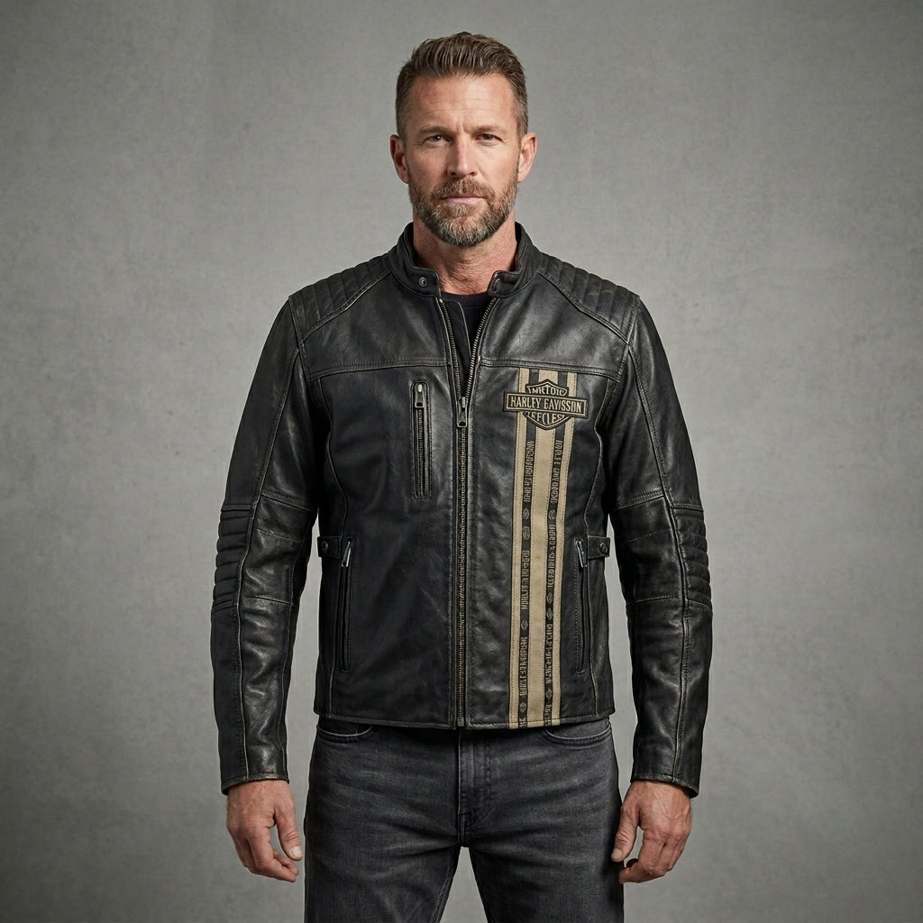 Leder-Bikerjacke für Herren im Harley-Stil – besticktes Stern- & Schriftzugdesign