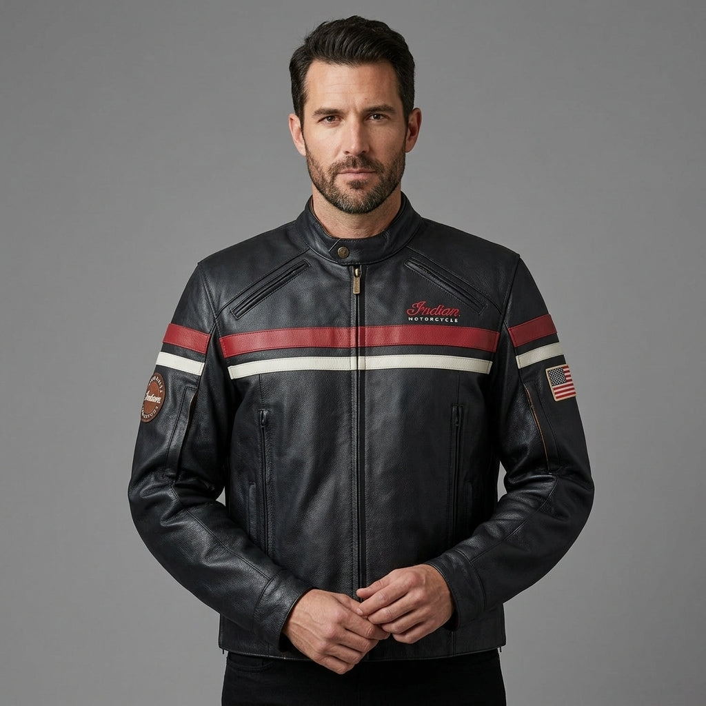 Herren Indian Motorcycle Style Vintage Bikerjacke aus Leder – Besticktes Skript-Logo