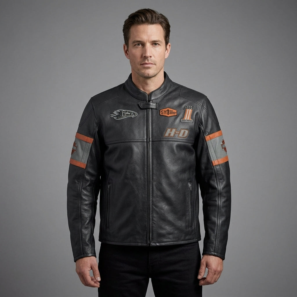 Herren Harley-Davidson Style Motorradjacke aus schwarzem Leder – Orange Script Edition
