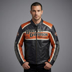 Men’s Harley-Style Leather Racing Jacket – Iconic Orange & Black Tricolor Moto