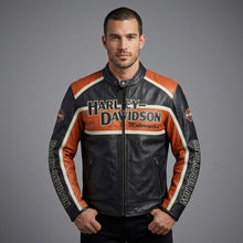 Load image into Gallery viewer, Men’s Harley-Style Leather Racing Jacket – Iconic Orange &amp; Black Tricolor Moto
