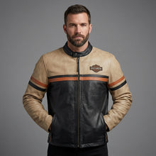 Laden Sie das Bild in den Galerie-Viewer, Harley-Style Motorrad-Lederjacke für Herren – Heritage Edition Cremefarben &amp; Schwarz
