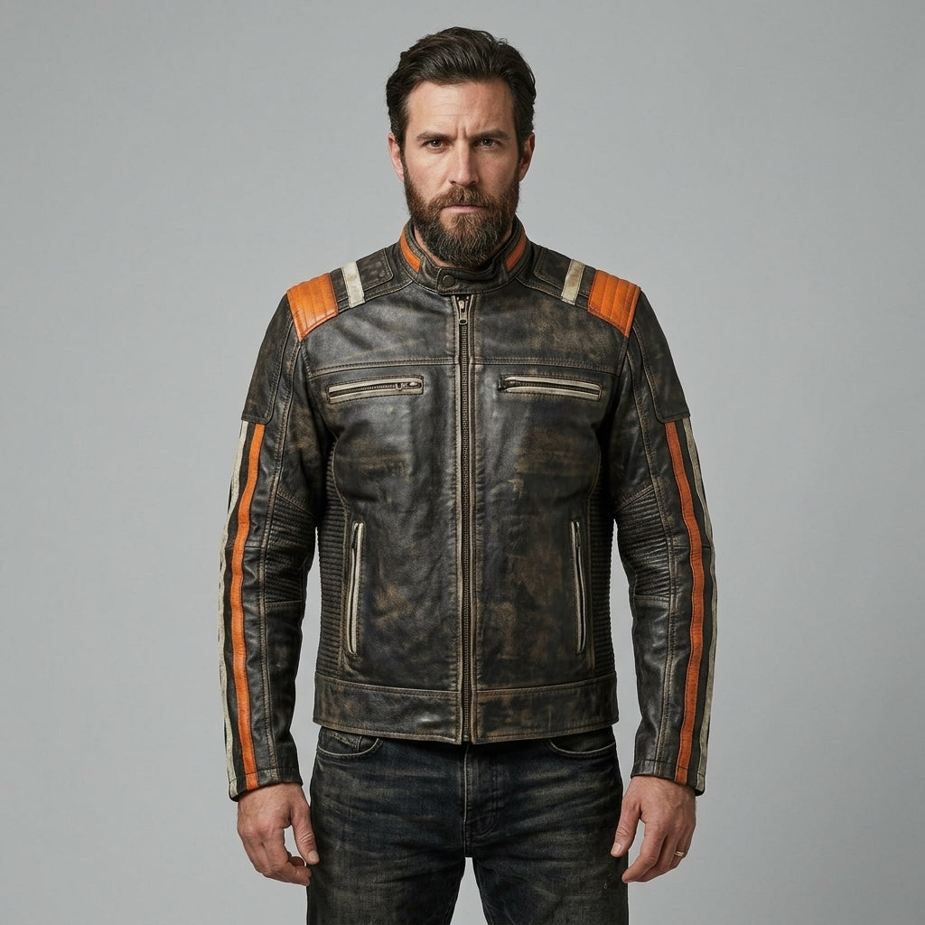 Herren-Lederjacke im Retro-Streifen-Design – Moto-Style in limitierter Auflage