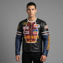 Load image into Gallery viewer, Men’s Professional Racing Leather Jacket – Multi-Patch Moto Style
